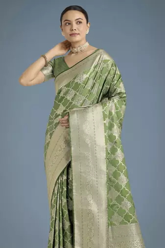 mehendi silk blend banarasi jacuard work saree with unstitched blouse piece