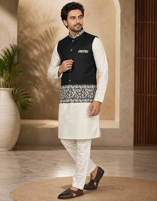 Off white-black color embroidered daaman work shiny silk men's kurta payjama set 1