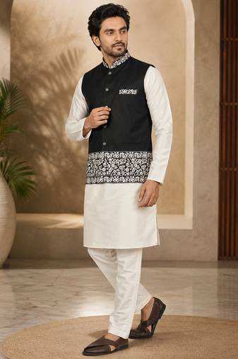 Off white-black color embroidered daaman work shiny silk men's kurta payjama set