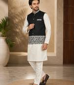 Off white-black color embroidered daaman work shiny silk men's kurta payjama set