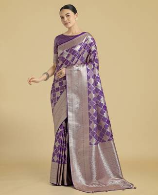 purple silk blend banarasi jacuard work saree with unstitched blouse piece 1