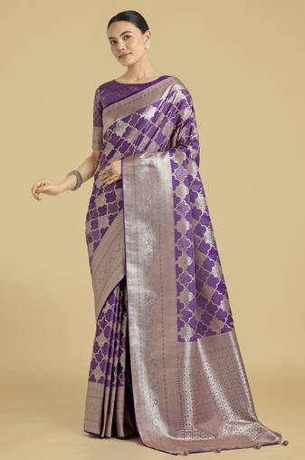 purple silk blend banarasi jacuard work saree with unstitched blouse piece