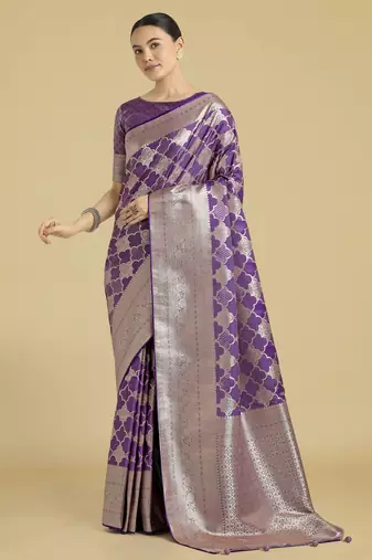purple silk blend banarasi jacuard work saree with unstitched blouse piece