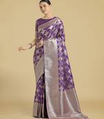 purple silk blend banarasi jacuard work saree with unstitched blouse piece