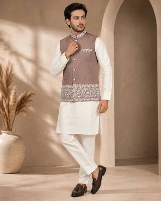 Off white-brown color embroidered daaman work shiny silk men's kurta payjama set 3