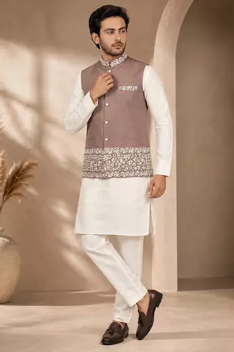 Off white-brown color embroidered daaman work shiny silk men's kurta payjama set