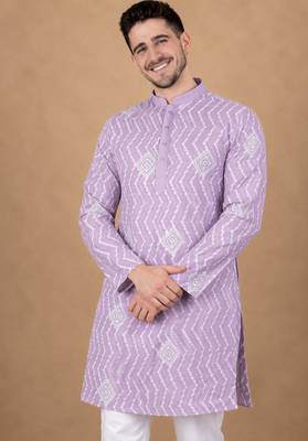 Lavender color unique cross pattern white thread embroidery with silver sequence silk men's kurta payjama set 3