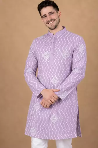 Lavender color unique cross pattern white thread embroidery with silver sequence silk men's kurta payjama set
