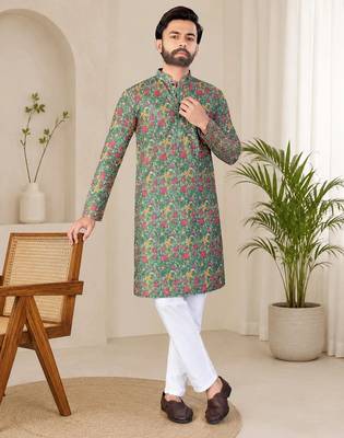 Olive green  color digital print with chikankari embroidery work rayon men's kurta payjama set 1