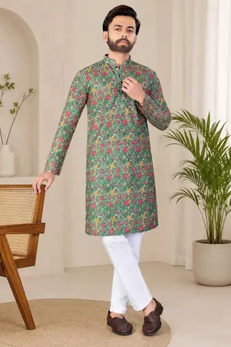 Olive green  color digital print with chikankari embroidery work rayon men's kurta payjama set