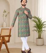 Olive green  color digital print with chikankari embroidery work rayon men's kurta payjama set