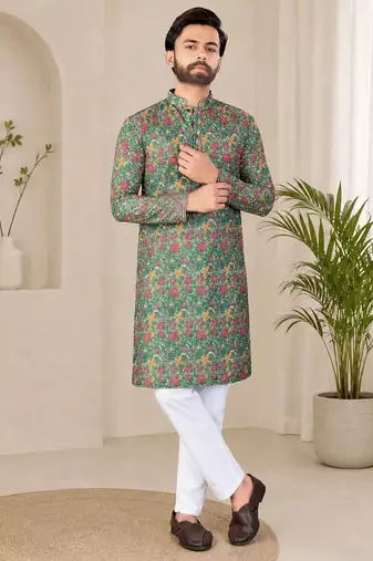 Olive green  color digital print with chikankari embroidery work rayon men's kurta payjama set