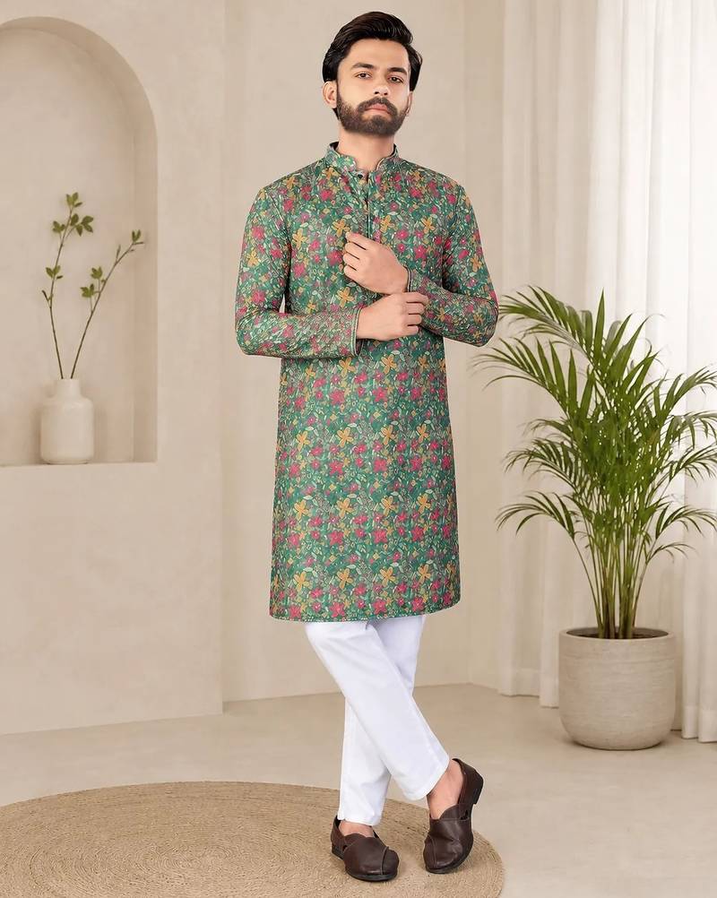 Olive green  color digital print with chikankari embroidery work rayon men's kurta payjama set