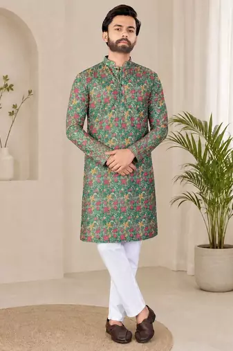 Olive green  color digital print with chikankari embroidery work rayon men's kurta payjama set