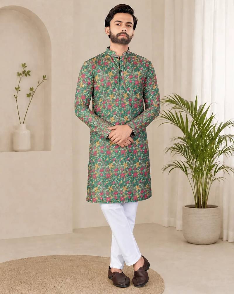 Olive green  color digital print with chikankari embroidery work rayon men's kurta payjama set