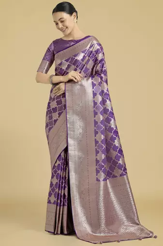 purple silk blend banarasi jacuard work saree with unstitched blouse piece