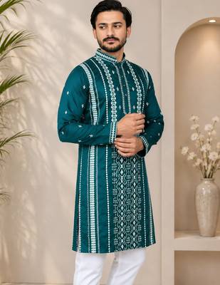 Teal color embroidery and silver sequence work silk men's kurta payjama set 3