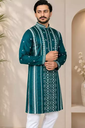 Teal color embroidery and silver sequence work silk men's kurta payjama set