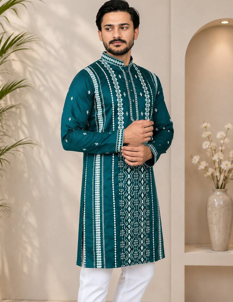 Teal color embroidery and silver sequence work silk men's kurta payjama set