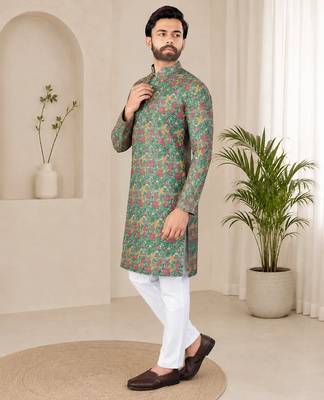 Olive green  color digital print with chikankari embroidery work rayon men's kurta payjama set 4