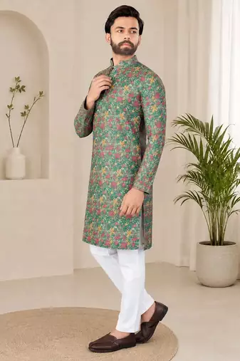 Olive green  color digital print with chikankari embroidery work rayon men's kurta payjama set
