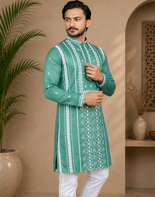 Sea green color embroidery and silver sequence work silk men's kurta payjama set 3