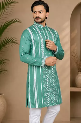 Sea green color embroidery and silver sequence work silk men's kurta payjama set