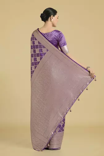 purple silk blend banarasi jacuard work saree with unstitched blouse piece