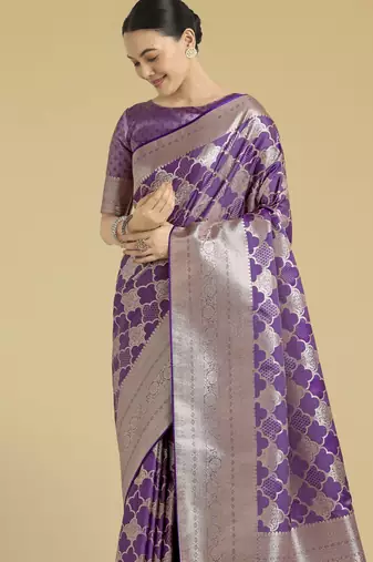 purple silk blend banarasi jacuard work saree with unstitched blouse piece