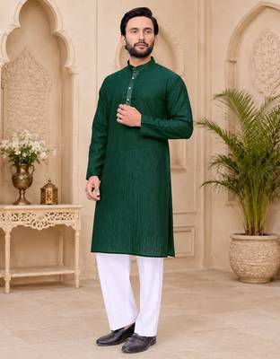 Dark green color with linen fabric men's kurta payjama set 1