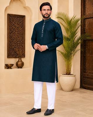 Dark blue color with linen fabric men's kurta payjama set 1