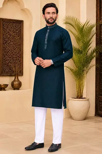 Dark blue color with linen fabric men's kurta payjama set