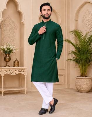Dark green color with linen fabric men's kurta payjama set 2