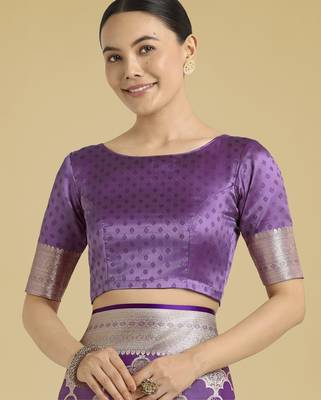 purple silk blend banarasi jacuard work saree with unstitched blouse piece 5