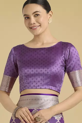 purple silk blend banarasi jacuard work saree with unstitched blouse piece