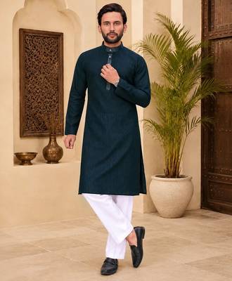Dark blue color with linen fabric men's kurta payjama set 2