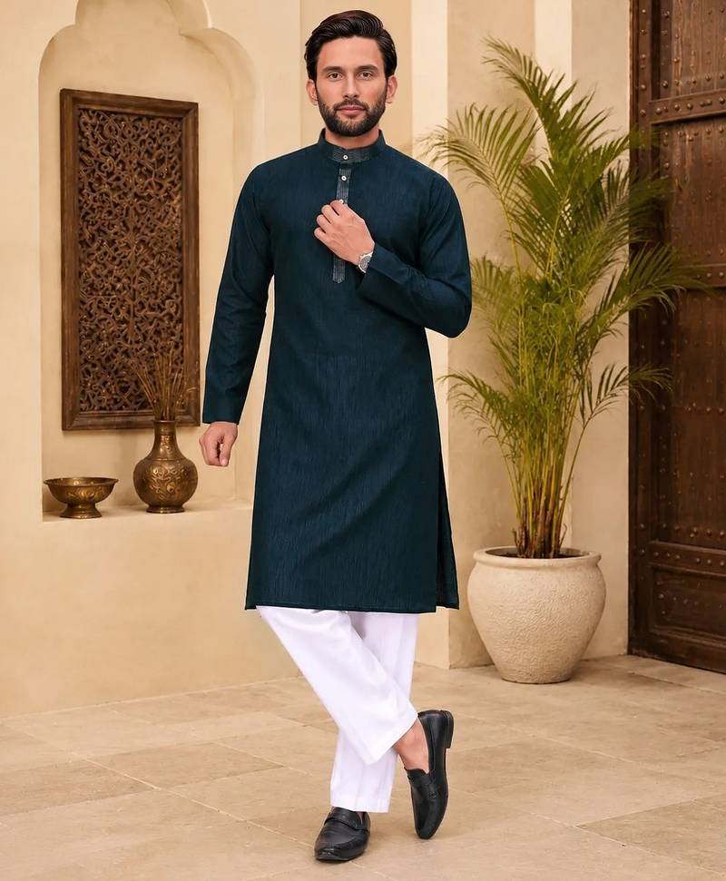 Dark blue color with linen fabric men's kurta payjama set