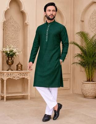 Dark green color with linen fabric men's kurta payjama set 3