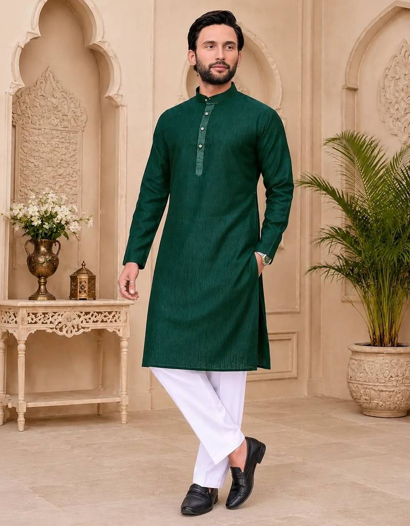 Dark green color with linen fabric men's kurta payjama set