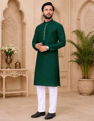 Dark green color with linen fabric men's kurta payjama set 4