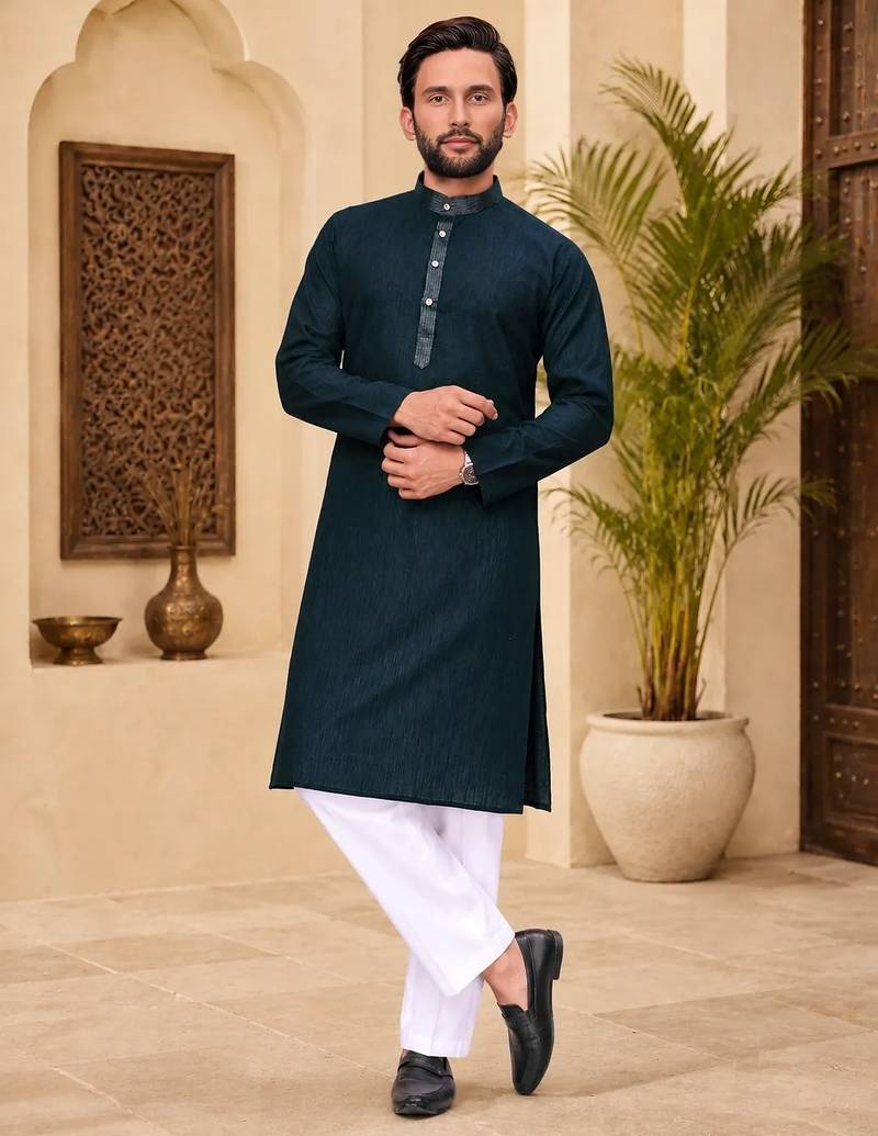 Dark blue color with linen fabric men's kurta payjama set