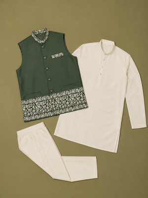 Off white-olive color embroidered daaman work shiny silk men's kurta payjama set 5