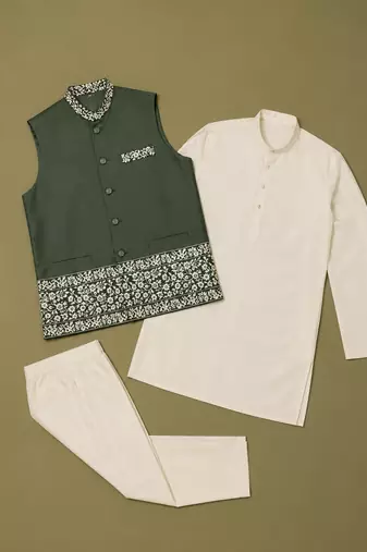 Off white-olive color embroidered daaman work shiny silk men's kurta payjama set
