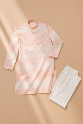 Peach color embroidery work & shading print cotton men's kurta payjama set 5