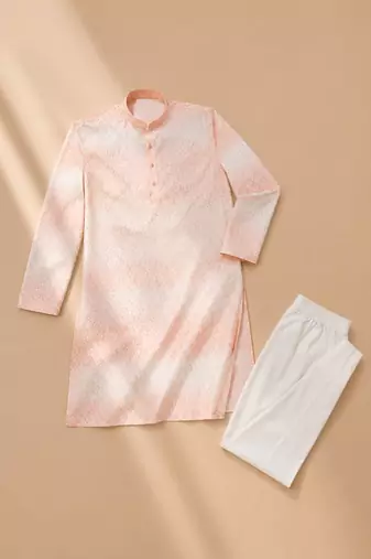 Peach color embroidery work & shading print cotton men's kurta payjama set