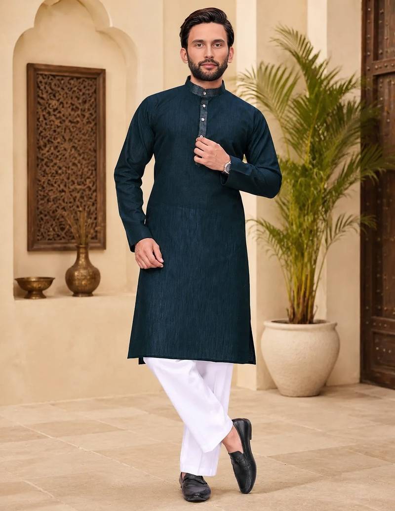 Dark blue color with linen fabric men's kurta payjama set