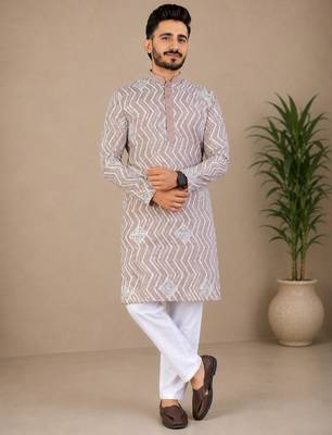 Color unique cross pattern white thread embroidery with silver sequence silk men's kurta payjama set 2