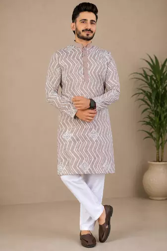 Color unique cross pattern white thread embroidery with silver sequence silk men's kurta payjama set