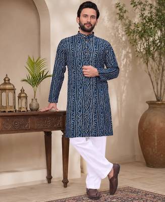 Navy blue color traditional chikankari embroidery cotton men's kurta payjama set 1