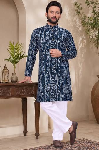 Navy blue color traditional chikankari embroidery cotton men's kurta payjama set